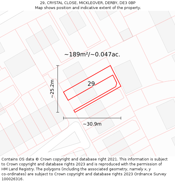 29, CRYSTAL CLOSE, MICKLEOVER, DERBY, DE3 0BP: Plot and title map