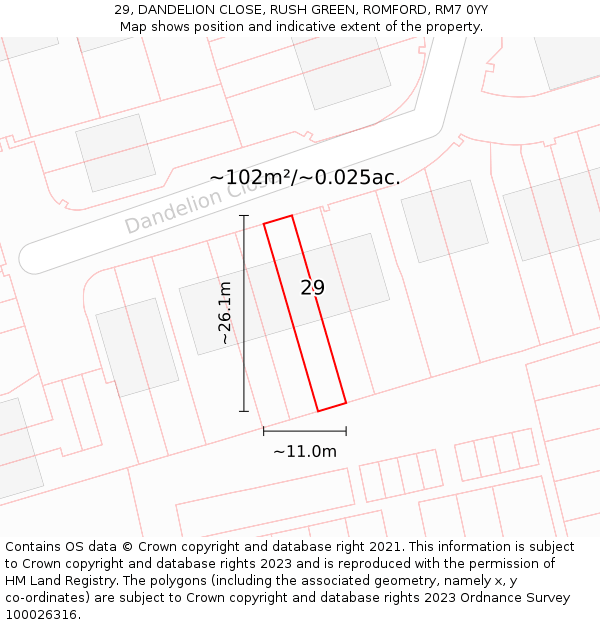 29, DANDELION CLOSE, RUSH GREEN, ROMFORD, RM7 0YY: Plot and title map
