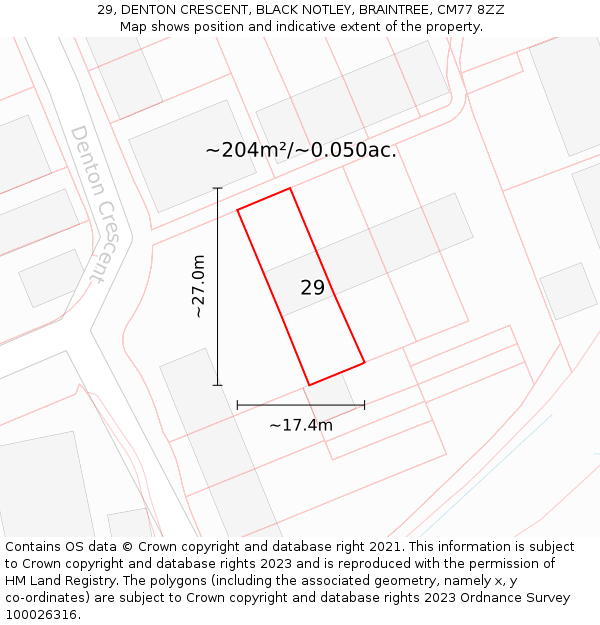 29, DENTON CRESCENT, BLACK NOTLEY, BRAINTREE, CM77 8ZZ: Plot and title map
