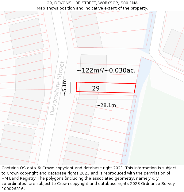 29, DEVONSHIRE STREET, WORKSOP, S80 1NA: Plot and title map