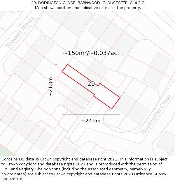 29, DODINGTON CLOSE, BARNWOOD, GLOUCESTER, GL4 3JG: Plot and title map