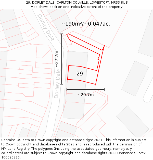 29, DORLEY DALE, CARLTON COLVILLE, LOWESTOFT, NR33 8US: Plot and title map