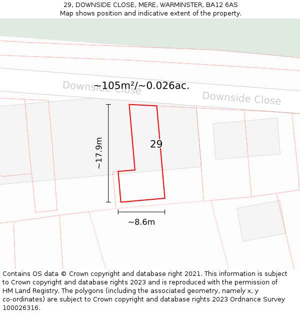 29, DOWNSIDE CLOSE, MERE, WARMINSTER, BA12 6AS: Plot and title map