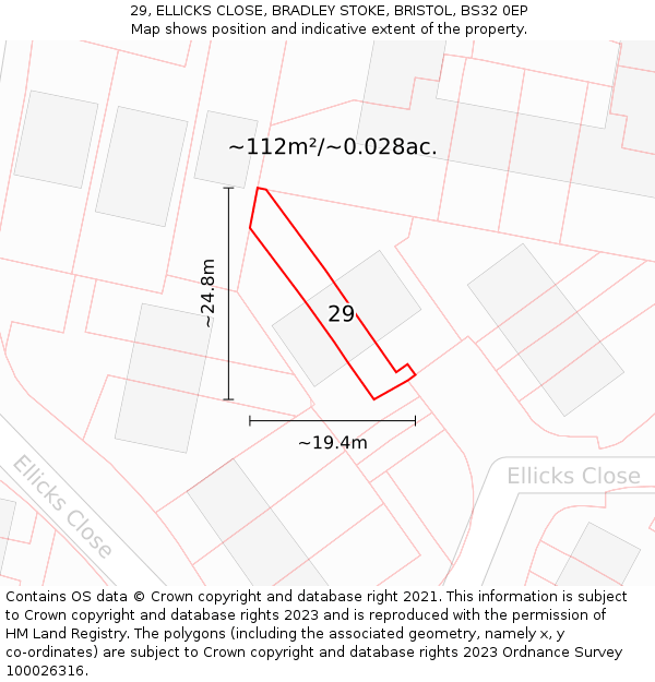 29, ELLICKS CLOSE, BRADLEY STOKE, BRISTOL, BS32 0EP: Plot and title map