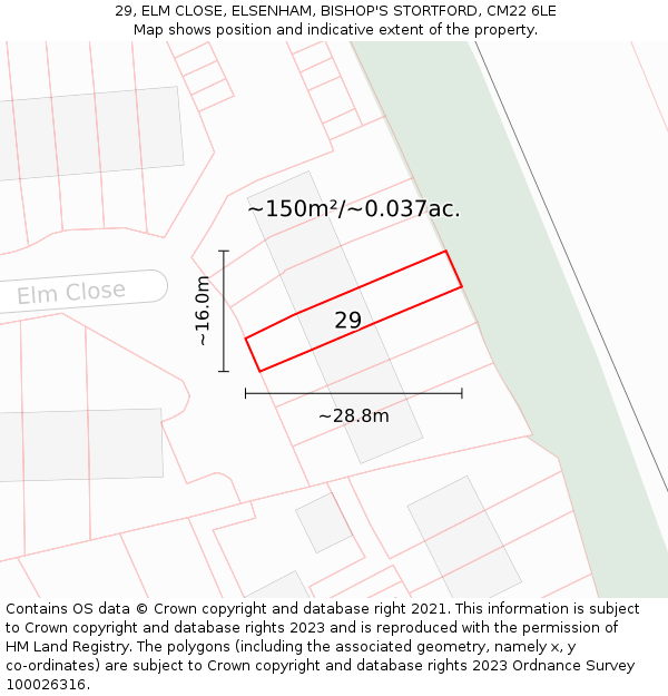 29, ELM CLOSE, ELSENHAM, BISHOP'S STORTFORD, CM22 6LE: Plot and title map