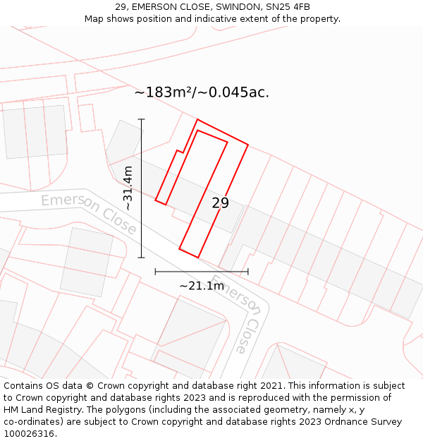 29, EMERSON CLOSE, SWINDON, SN25 4FB: Plot and title map