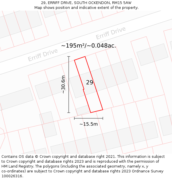29, ERRIFF DRIVE, SOUTH OCKENDON, RM15 5AW: Plot and title map