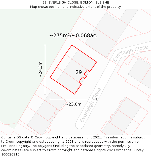 29, EVERLEIGH CLOSE, BOLTON, BL2 3HE: Plot and title map