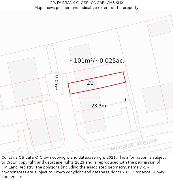 29, FAIRBANK CLOSE, ONGAR, CM5 9HX: Plot and title map