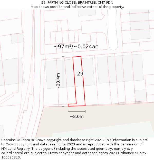 29, FARTHING CLOSE, BRAINTREE, CM7 9DN: Plot and title map