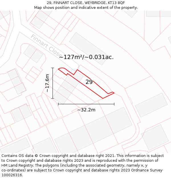 29, FINNART CLOSE, WEYBRIDGE, KT13 8QF: Plot and title map