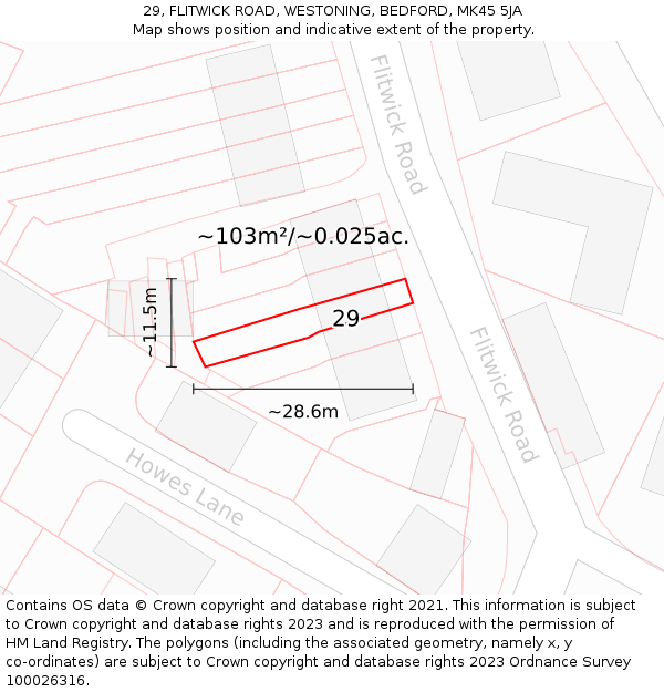 29, FLITWICK ROAD, WESTONING, BEDFORD, MK45 5JA: Plot and title map