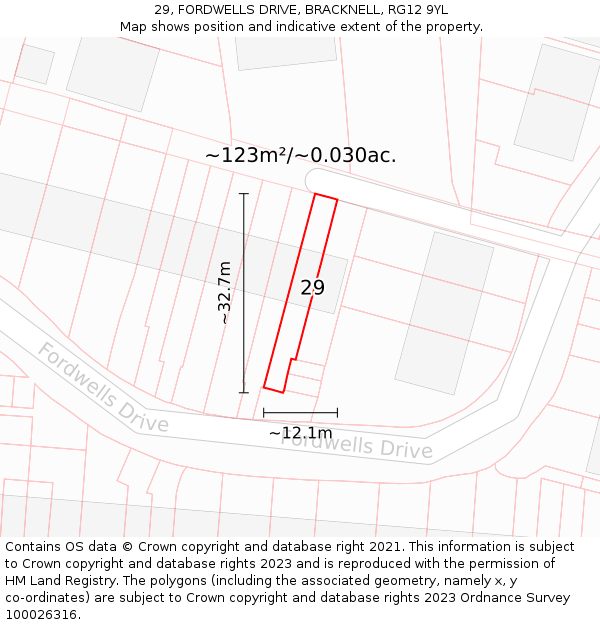 29, FORDWELLS DRIVE, BRACKNELL, RG12 9YL: Plot and title map