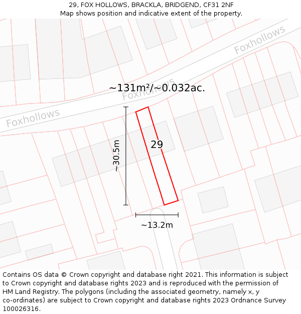 29, FOX HOLLOWS, BRACKLA, BRIDGEND, CF31 2NF: Plot and title map