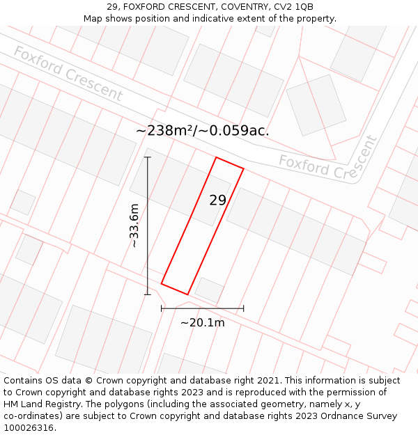 29, FOXFORD CRESCENT, COVENTRY, CV2 1QB: Plot and title map