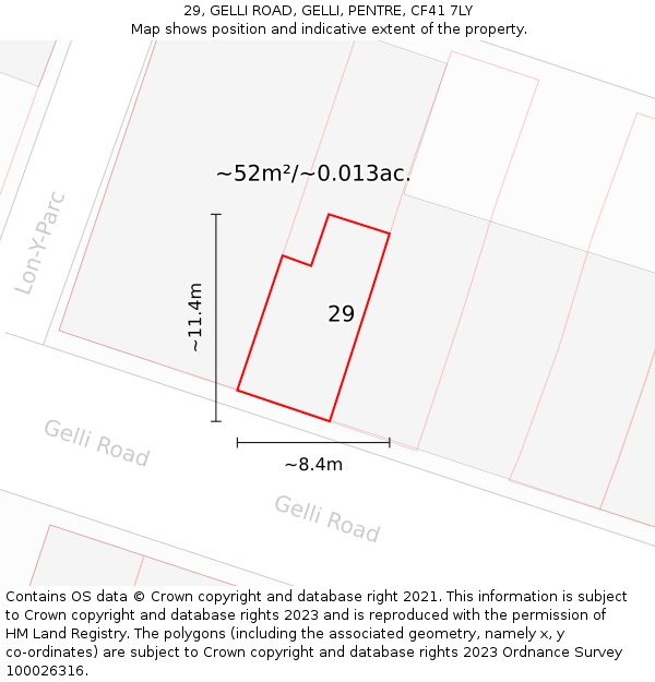 29, GELLI ROAD, GELLI, PENTRE, CF41 7LY: Plot and title map