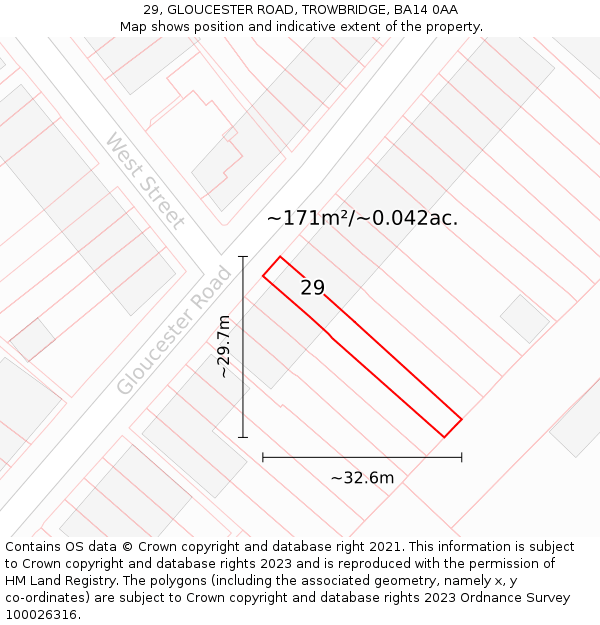 29, GLOUCESTER ROAD, TROWBRIDGE, BA14 0AA: Plot and title map