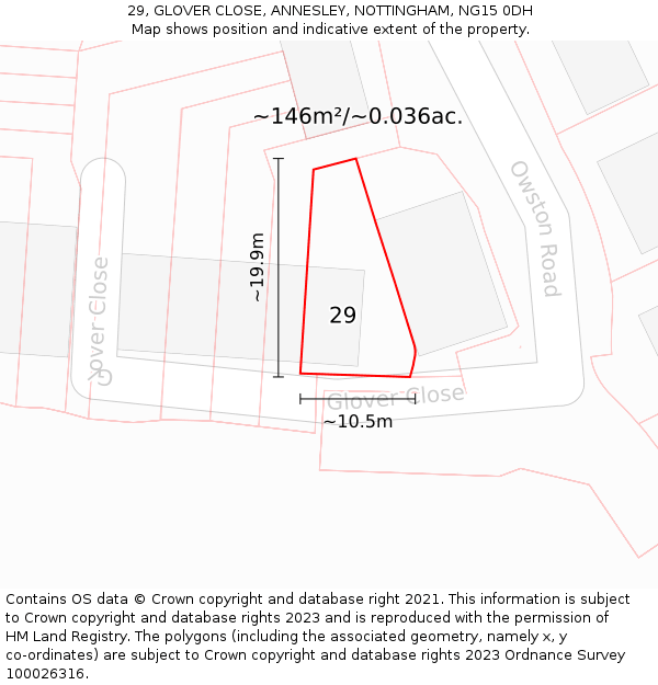 29, GLOVER CLOSE, ANNESLEY, NOTTINGHAM, NG15 0DH: Plot and title map