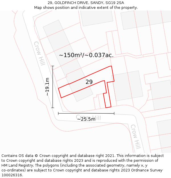 29, GOLDFINCH DRIVE, SANDY, SG19 2SA: Plot and title map