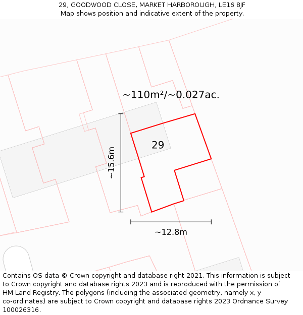 29, GOODWOOD CLOSE, MARKET HARBOROUGH, LE16 8JF: Plot and title map