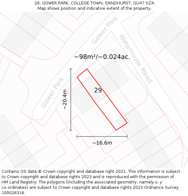 29, GOWER PARK, COLLEGE TOWN, SANDHURST, GU47 0ZA: Plot and title map