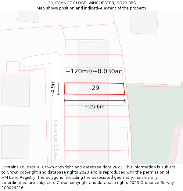 29, GRANGE CLOSE, WINCHESTER, SO23 9RS: Plot and title map
