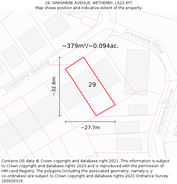 29, GRASMERE AVENUE, WETHERBY, LS22 6YT: Plot and title map