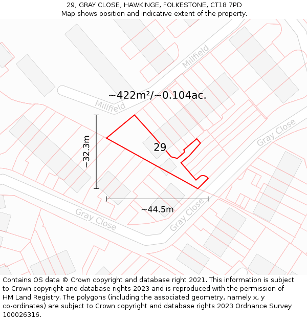 29, GRAY CLOSE, HAWKINGE, FOLKESTONE, CT18 7PD: Plot and title map