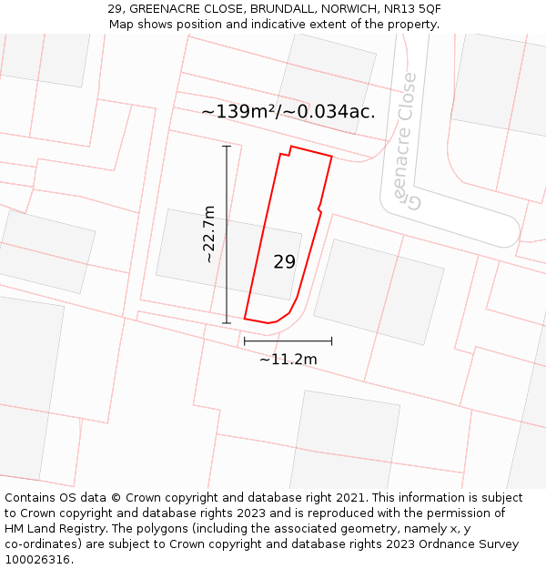 29, GREENACRE CLOSE, BRUNDALL, NORWICH, NR13 5QF: Plot and title map