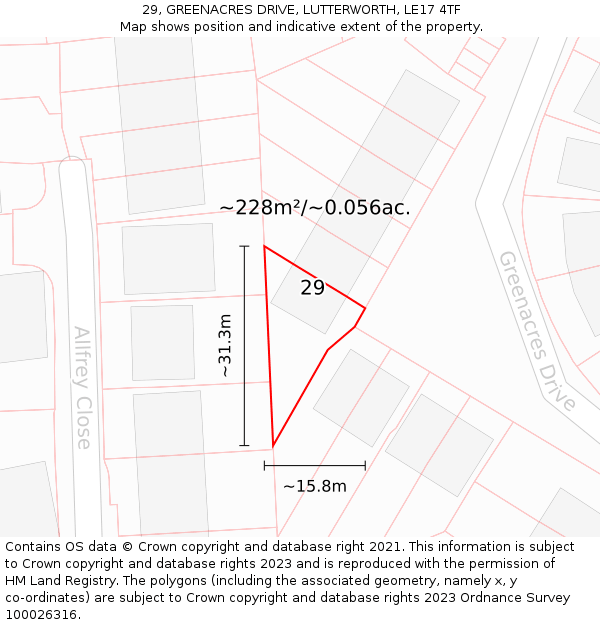 29, GREENACRES DRIVE, LUTTERWORTH, LE17 4TF: Plot and title map