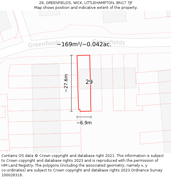 29, GREENFIELDS, WICK, LITTLEHAMPTON, BN17 7JF: Plot and title map