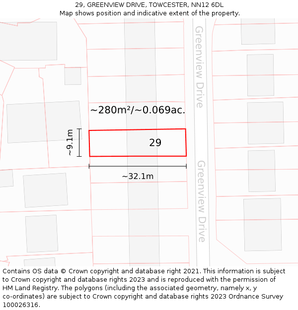 29, GREENVIEW DRIVE, TOWCESTER, NN12 6DL: Plot and title map