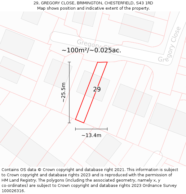 29, GREGORY CLOSE, BRIMINGTON, CHESTERFIELD, S43 1RD: Plot and title map