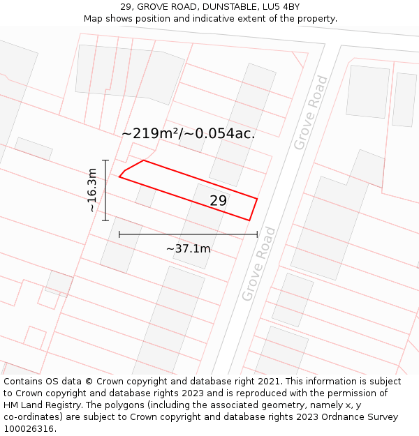 29, GROVE ROAD, DUNSTABLE, LU5 4BY: Plot and title map