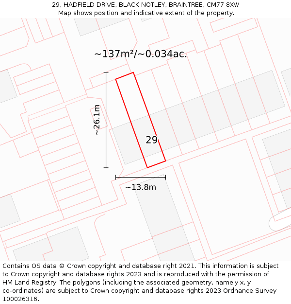 29, HADFIELD DRIVE, BLACK NOTLEY, BRAINTREE, CM77 8XW: Plot and title map
