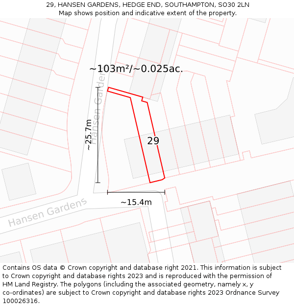 29, HANSEN GARDENS, HEDGE END, SOUTHAMPTON, SO30 2LN: Plot and title map