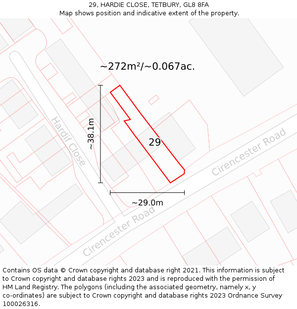 29, HARDIE CLOSE, TETBURY, GL8 8FA: Plot and title map