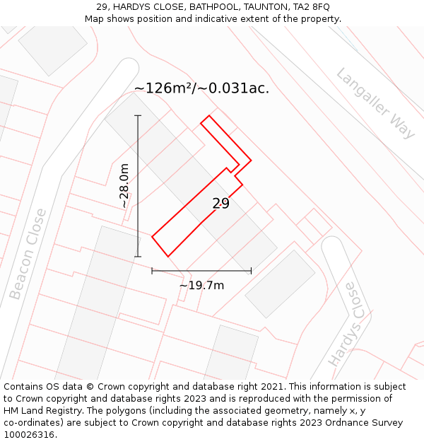 29, HARDYS CLOSE, BATHPOOL, TAUNTON, TA2 8FQ: Plot and title map