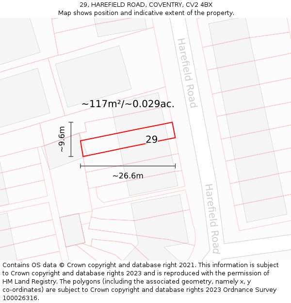 29, HAREFIELD ROAD, COVENTRY, CV2 4BX: Plot and title map