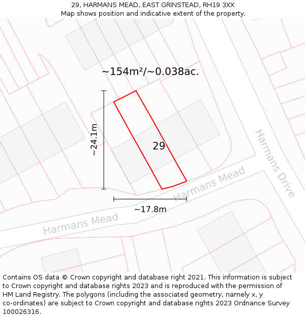 29, HARMANS MEAD, EAST GRINSTEAD, RH19 3XX: Plot and title map