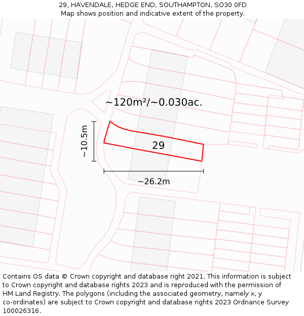 29, HAVENDALE, HEDGE END, SOUTHAMPTON, SO30 0FD: Plot and title map