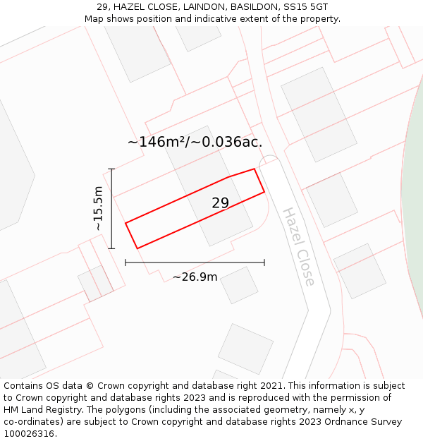 29, HAZEL CLOSE, LAINDON, BASILDON, SS15 5GT: Plot and title map