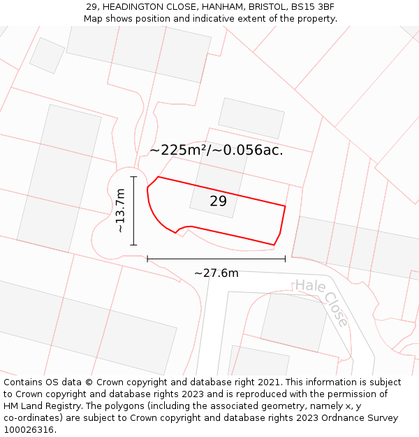 29, HEADINGTON CLOSE, HANHAM, BRISTOL, BS15 3BF: Plot and title map