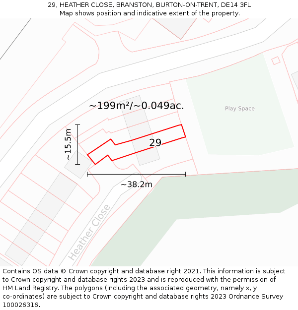 29, HEATHER CLOSE, BRANSTON, BURTON-ON-TRENT, DE14 3FL: Plot and title map