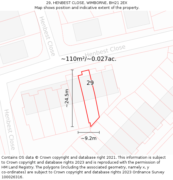 29, HENBEST CLOSE, WIMBORNE, BH21 2EX: Plot and title map