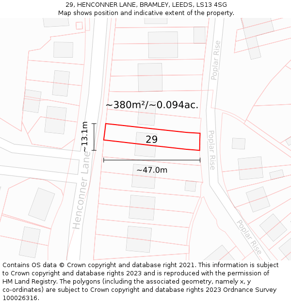 29, HENCONNER LANE, BRAMLEY, LEEDS, LS13 4SG: Plot and title map
