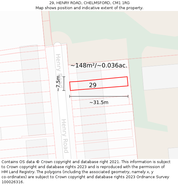 29, HENRY ROAD, CHELMSFORD, CM1 1RG: Plot and title map
