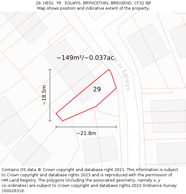 29, HEOL  YR   EGLWYS, BRYNCETHIN, BRIDGEND, CF32 9JP: Plot and title map