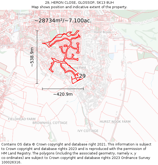 29, HERON CLOSE, GLOSSOP, SK13 8UH: Plot and title map