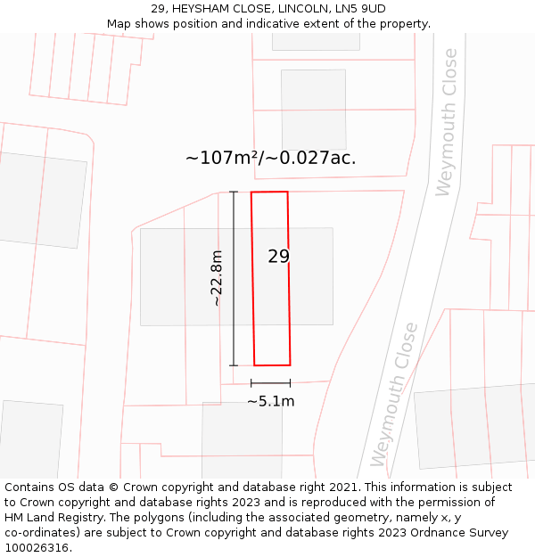 29, HEYSHAM CLOSE, LINCOLN, LN5 9UD: Plot and title map
